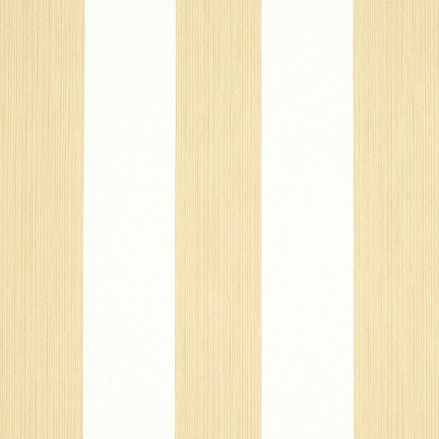 Edwin Stripe Wide wallpaper in Sand by Schumacher, featuring wide vertical stripes in a neutral palette, shown in styled and detail views.