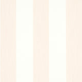Edwin Stripe Wide wallpaper in blush by Schumacher, featuring wide vertical stripes in a soft blush and white colorway, shown in styled and detail views.