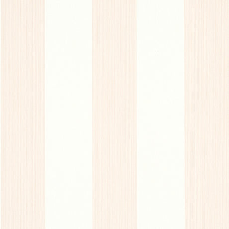 Edwin Stripe Wide wallpaper in blush by Schumacher, featuring wide vertical stripes in a soft blush and white colorway, shown in styled and detail views.