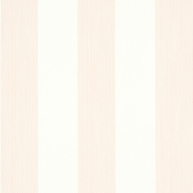 Edwin Stripe Wide wallpaper in blush by Schumacher, featuring wide vertical stripes in a soft blush and white colorway, shown in styled and detail views.