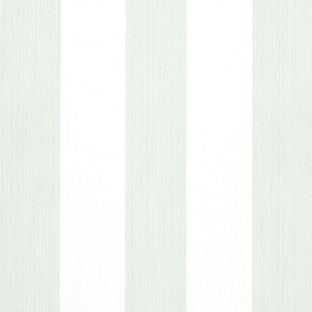 Edwin Stripe Wide wallpaper in Birch by Schumacher, featuring wide vertical stripes in a neutral colorway, shown in a styled interior and close-up views.