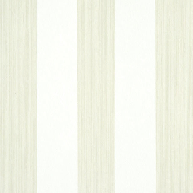 Edwin Stripe Wide wallpaper in Naturelle by Schumacher, wide vertical stripes in neutral tones, shown in a styled interior and close-up views.