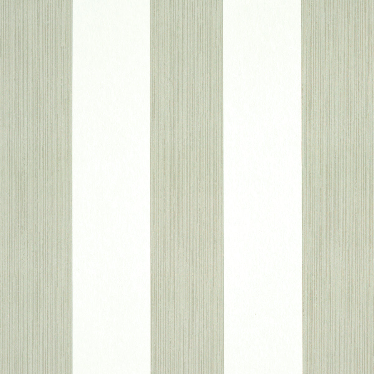 Edwin Stripe Wide wallpaper in Linen by Schumacher, wide vertical stripes in neutral tones, shown in a styled living room setting.