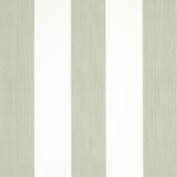 Edwin Stripe Wide wallpaper in Linen by Schumacher, wide vertical stripes in neutral tones, shown in a styled living room setting.