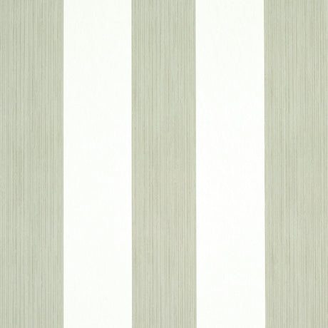 Edwin Stripe Wide wallpaper in Linen by Schumacher, wide vertical stripes in neutral tones, shown in a styled living room setting.