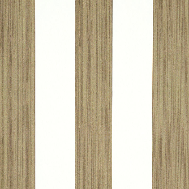 Edwin Stripe Wide wallpaper in Mushroom by Schumacher, wide vertical stripes in neutral tones, shown in a styled interior and close-up views.