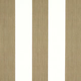 Edwin Stripe Wide wallpaper in Mushroom by Schumacher, wide vertical stripes in neutral tones, shown in a styled interior and close-up views.