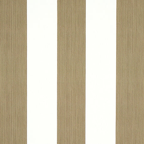 Edwin Stripe Wide wallpaper in Mushroom by Schumacher, wide vertical stripes in neutral tones, shown in a styled interior and close-up views.