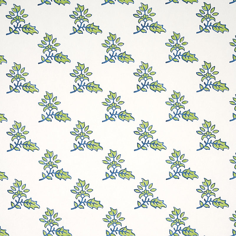Torbay Green wallpaper by Schumacher featuring a repeating hand-blocked sprig motif on a white background.