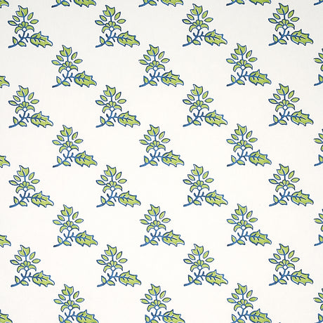 Torbay Green wallpaper by Schumacher featuring a repeating hand-blocked sprig motif on a white background.