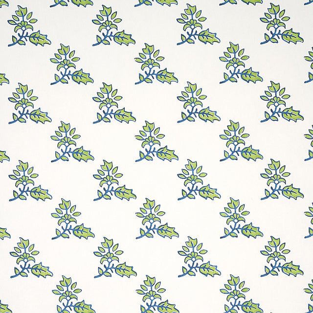 Torbay Green wallpaper by Schumacher featuring a repeating hand-blocked sprig motif on a white background.