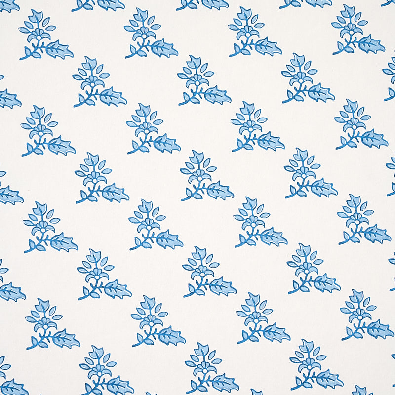 Torbay Blue hand-blocked motif wallpaper by Schumacher, repeating sprigs pattern, Jacaranda Collection