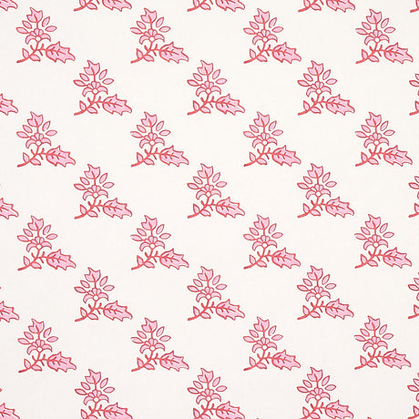 Torbay Pink wallpaper by Schumacher, featuring a repeating hand-blocked floral motif in pink on a white background.