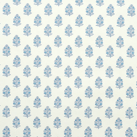 Aditi Blue stylized floral wallpaper by Schumacher, featuring petite bunches of hand-blocked style flowers on a light background.