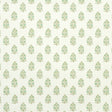 Aditi Green by Schumacher - Petite stylized floral wallpaper with hand-blocked print effect, shown in a room and close-up details.