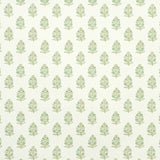 Aditi Green by Schumacher - Petite stylized floral wallpaper with hand-blocked print effect, shown in a room and close-up details.