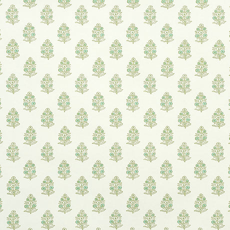 Aditi Green by Schumacher - Petite stylized floral wallpaper with hand-blocked print effect, shown in a room and close-up details.