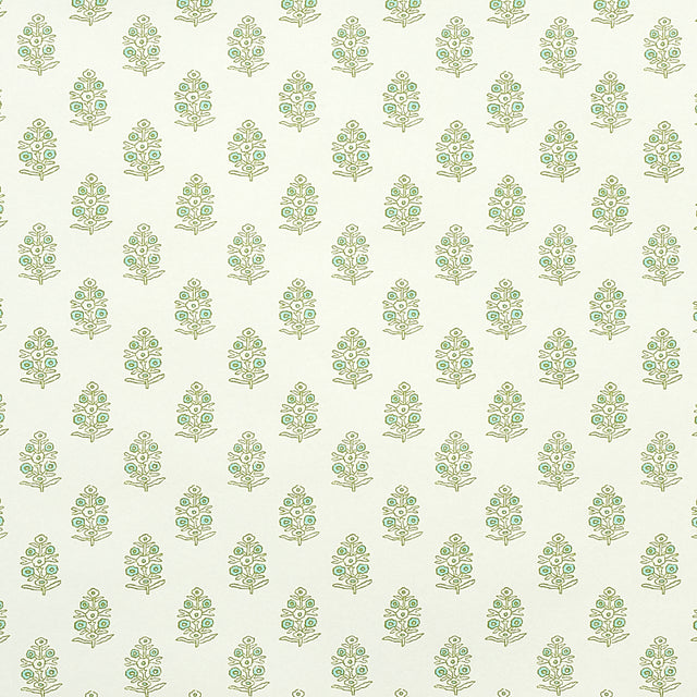 Aditi Green by Schumacher - Petite stylized floral wallpaper with hand-blocked print effect, shown in a room and close-up details.