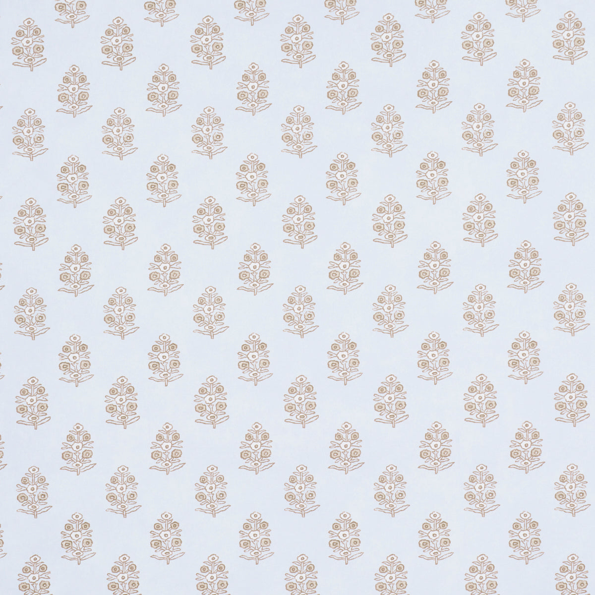Aditi Sky wallpaper by Schumacher featuring petite bunches of stylized flowers in a hand-blocked print style on a light blue background.