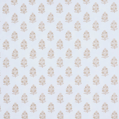 Aditi Sky wallpaper by Schumacher featuring petite bunches of stylized flowers in a hand-blocked print style on a light blue background.