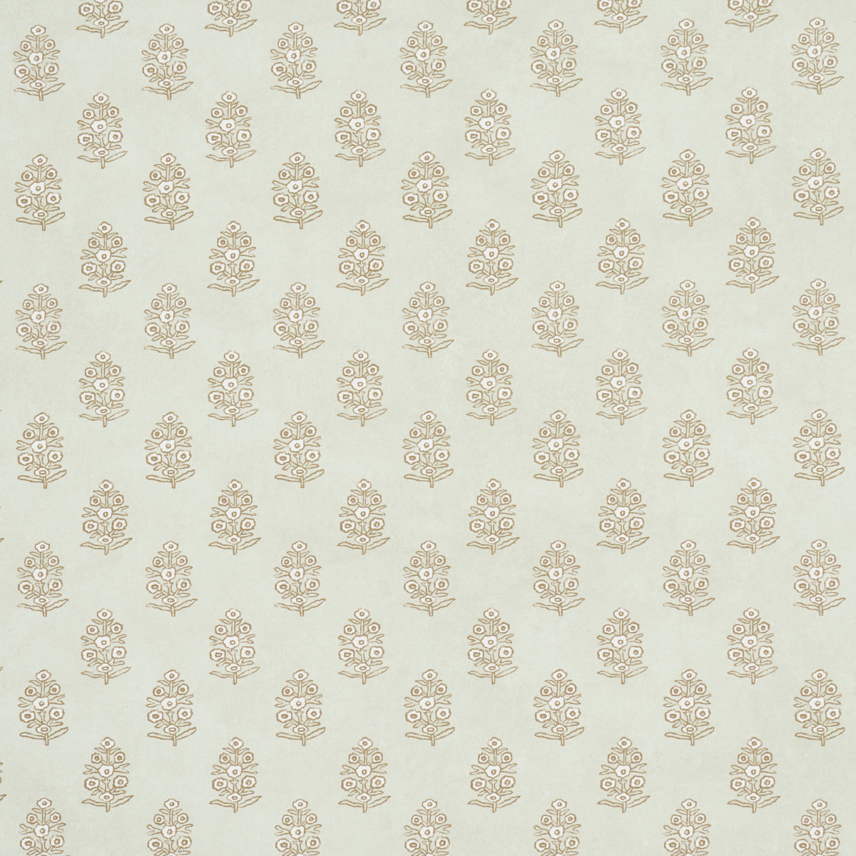 Aditi Sage by Schumacher, a hand-blocked look wallpaper with petite stylized floral bunches in a soft green colorway.