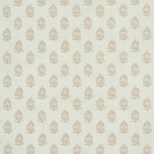 Aditi Sage by Schumacher, a hand-blocked look wallpaper with petite stylized floral bunches in a soft green colorway.