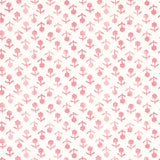 Beatriz Pink floral wallpaper by Schumacher, delicate small-scale flowers in pink on a white background, shown in a bathroom setting.