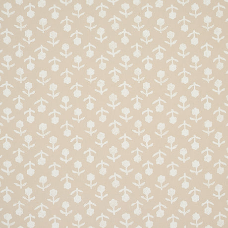 Beatriz wallpaper in Natural by Schumacher, a diminutive printed floral pattern inspired by indigo resist-dye techniques, shown in a bathroom setting.