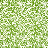 TEMPLE GARDEN II green botanical wallpaper with whimsical leafy tree pattern by Schumacher, shown in a kitchen interior.