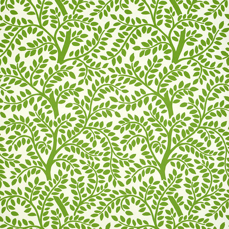 TEMPLE GARDEN II green botanical wallpaper with whimsical leafy tree pattern by Schumacher, shown in a kitchen interior.