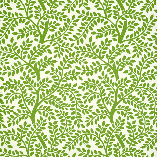 TEMPLE GARDEN II green botanical wallpaper with whimsical leafy tree pattern by Schumacher, shown in a kitchen interior.