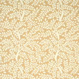 Sand and white botanical vine pattern wallpaper, Schumacher Temple Garden II, shown in a kitchen setting and close-up details.