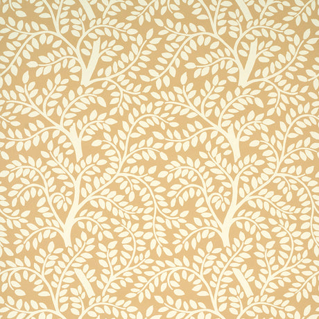 Sand and white botanical vine pattern wallpaper, Schumacher Temple Garden II, shown in a kitchen setting and close-up details.