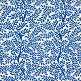 Blue and white botanical wallpaper with whimsical leafy branches, Schumacher TEMPLE GARDEN II.