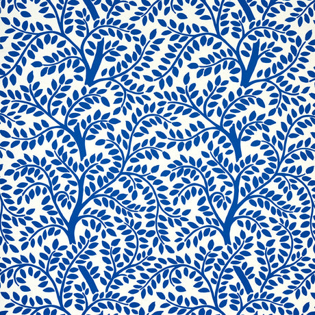Blue and white botanical wallpaper with whimsical leafy branches, Schumacher TEMPLE GARDEN II.