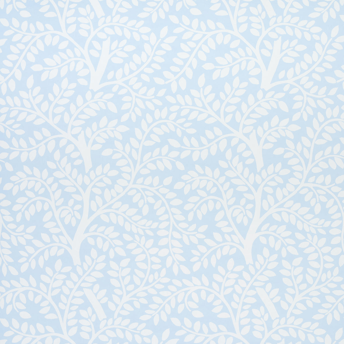 Temple Garden II Sky botanical wallpaper with whimsical white leafy branches on a soft blue background