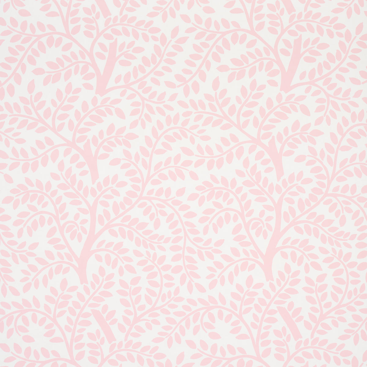 Temple Garden II Blush botanical wallpaper by Schumacher, featuring a whimsical pink and white leafy pattern.