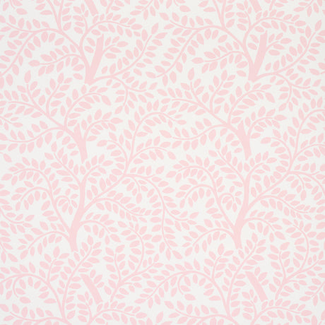 Temple Garden II Blush botanical wallpaper by Schumacher, featuring a whimsical pink and white leafy pattern.