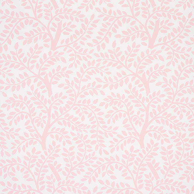 Temple Garden II Blush botanical wallpaper by Schumacher, featuring a whimsical pink and white leafy pattern.