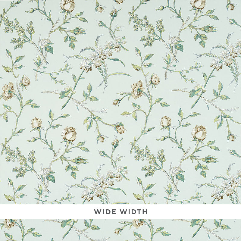 Beluze Mineral by Schumacher - Classic English garden floral wallpaper in soft mineral blue and green tones