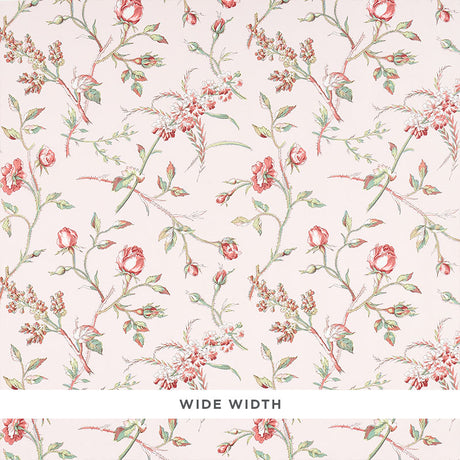 Beluze Blush by Schumacher - a wide-width floral wallpaper featuring scattered roses in pink and green on a blush background.