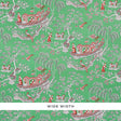 MATSUDANA Jade Chinoiserie wallpaper with boats, figures, birds, and trees on a green background by Schumacher.