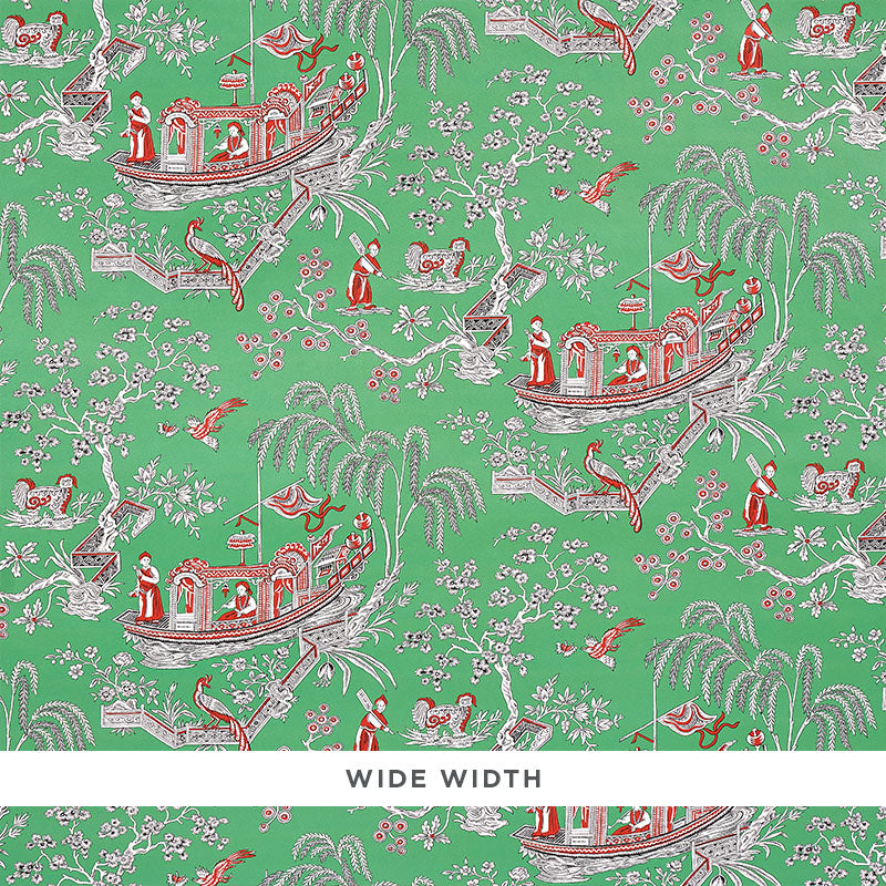 MATSUDANA Jade Chinoiserie wallpaper with boats, figures, birds, and trees on a green background by Schumacher.