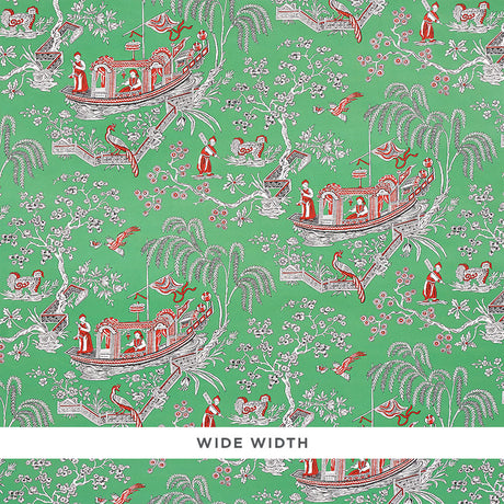 MATSUDANA Jade Chinoiserie wallpaper with boats, figures, birds, and trees on a green background by Schumacher.