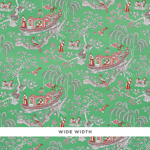 MATSUDANA Jade Chinoiserie wallpaper with boats, figures, birds, and trees on a green background by Schumacher.