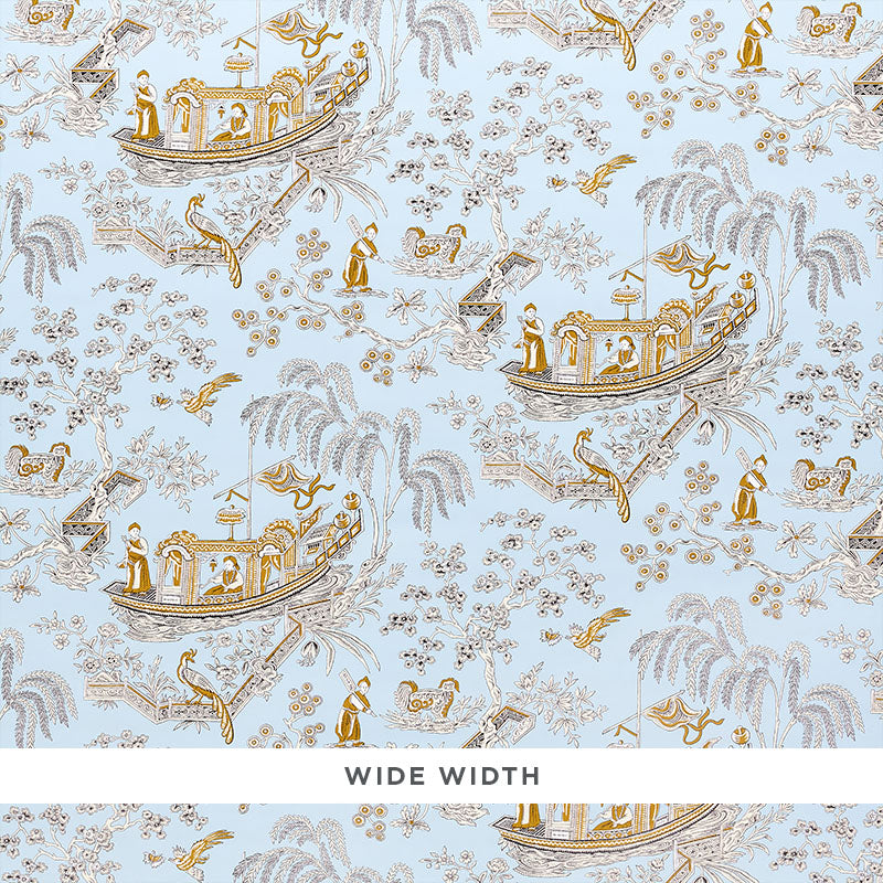 MATSUDANA wallpaper in blue with 18th-century Chinoiserie pattern featuring boats, trees, and pastoral scenes by Schumacher.