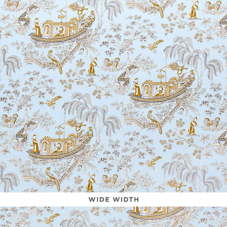 MATSUDANA wallpaper in blue with 18th-century Chinoiserie pattern featuring boats, trees, and pastoral scenes by Schumacher.