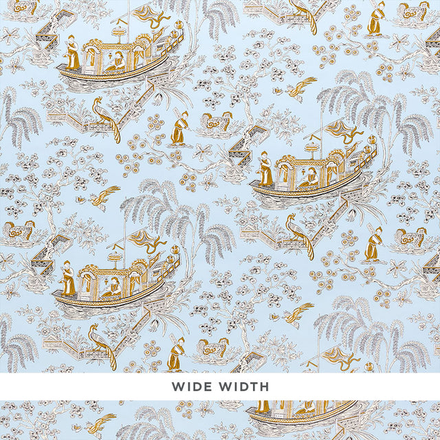 MATSUDANA wallpaper in blue with 18th-century Chinoiserie pattern featuring boats, trees, and pastoral scenes by Schumacher.