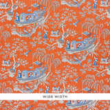 MATSUDANA Spice by Schumacher - Chinoiserie wallpaper with boats, trees, and figures in blue and white on a vibrant orange background.