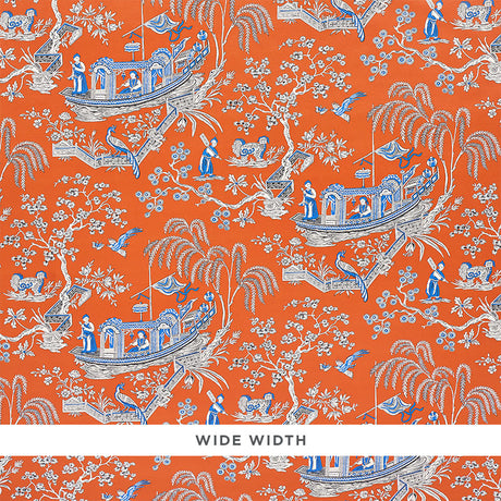 MATSUDANA Spice by Schumacher - Chinoiserie wallpaper with boats, trees, and figures in blue and white on a vibrant orange background.